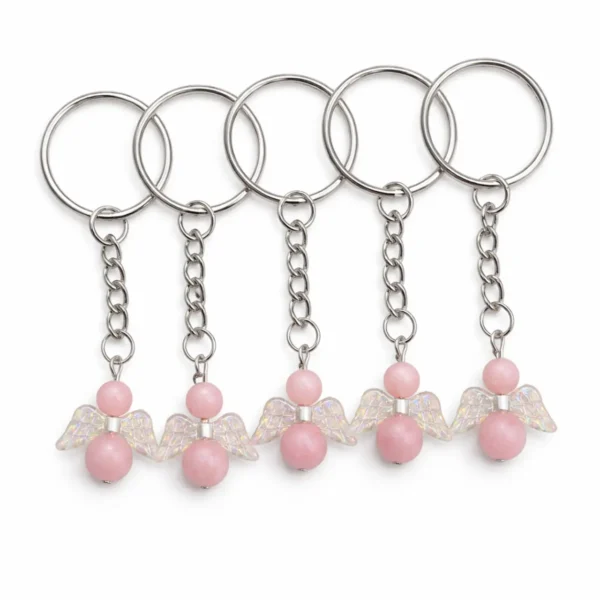 angyalka kulcstartó rózsaszín rózsakvarc gyöngyökkel áttetsző angyalszárny díszítéssel
