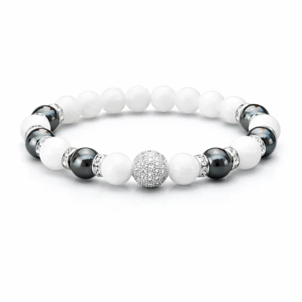 Jade–hematit elegáns ásvány karkötő fehér jáde és fényes hematit gyöngyökkel