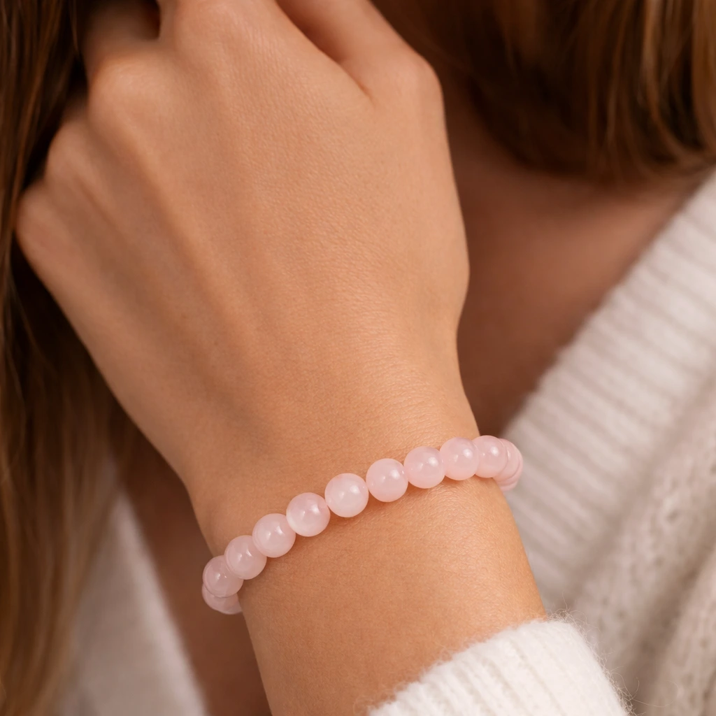 Női rózsakvarc karkötő csuklón viselve, halvány rózsaszín ásványgyöngyökkel, természetes megjelenéssel