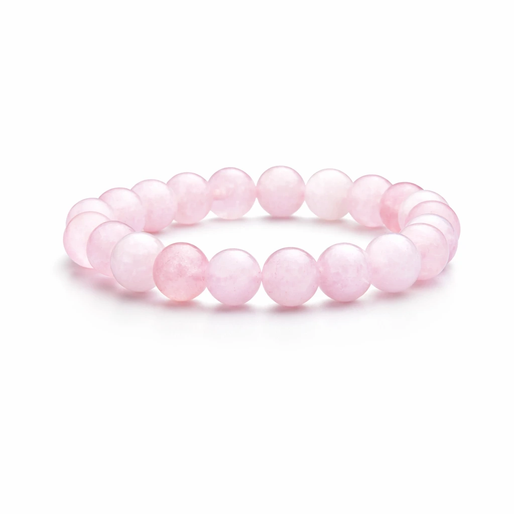 Rózsakvarc ásványgyöngyökből készült női ásvány karkötő fehér háttéren, letisztult megjelenéssel