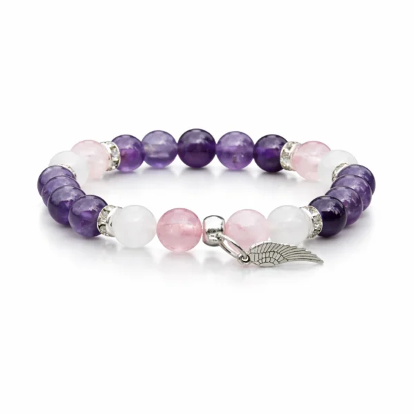 ametiszt rózsakvarc ásvány karkötő hegyikristállyal és angyalszárny medállal