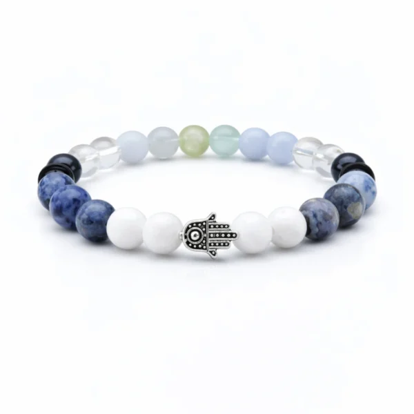 Pánikbetegség ásvány karkötő jade, szodalit, prehnit, akvamarin, ónix és hegyikristály gyöngyökkel, hamsa kéz medállal