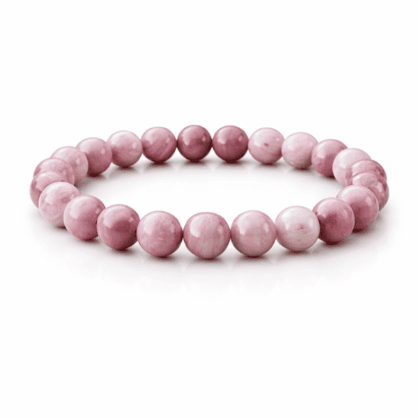 Thulit ásvány karkötő fényes rózsaszín gyöngyökkel fehér háttéren