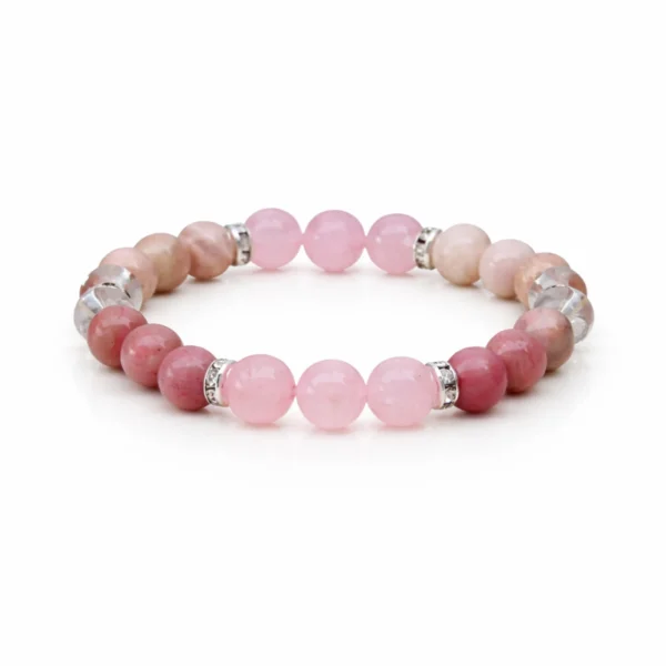 változókor ásvány karkötő rózsakvarc, holdkő, hegyikristály és thulit gyöngyökkel